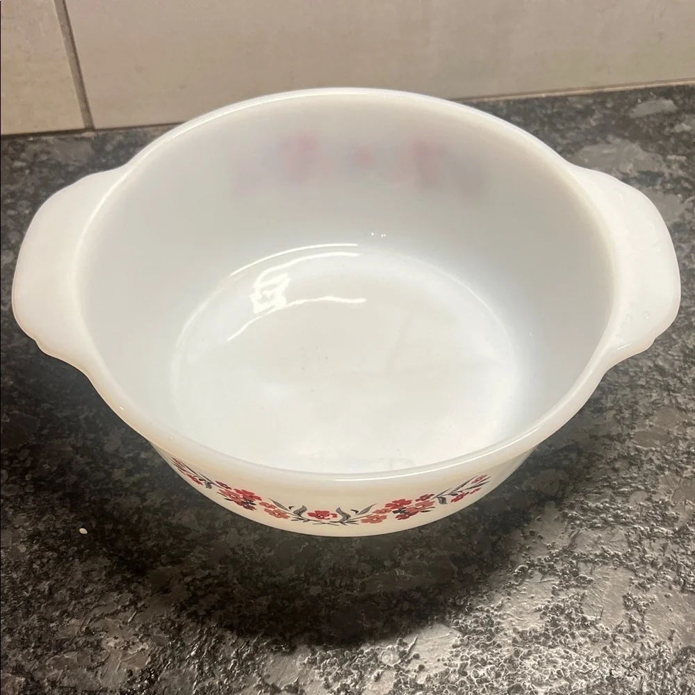Vintage Fire King Primrose Floral Patterned White Casserole dish Scalloped edge